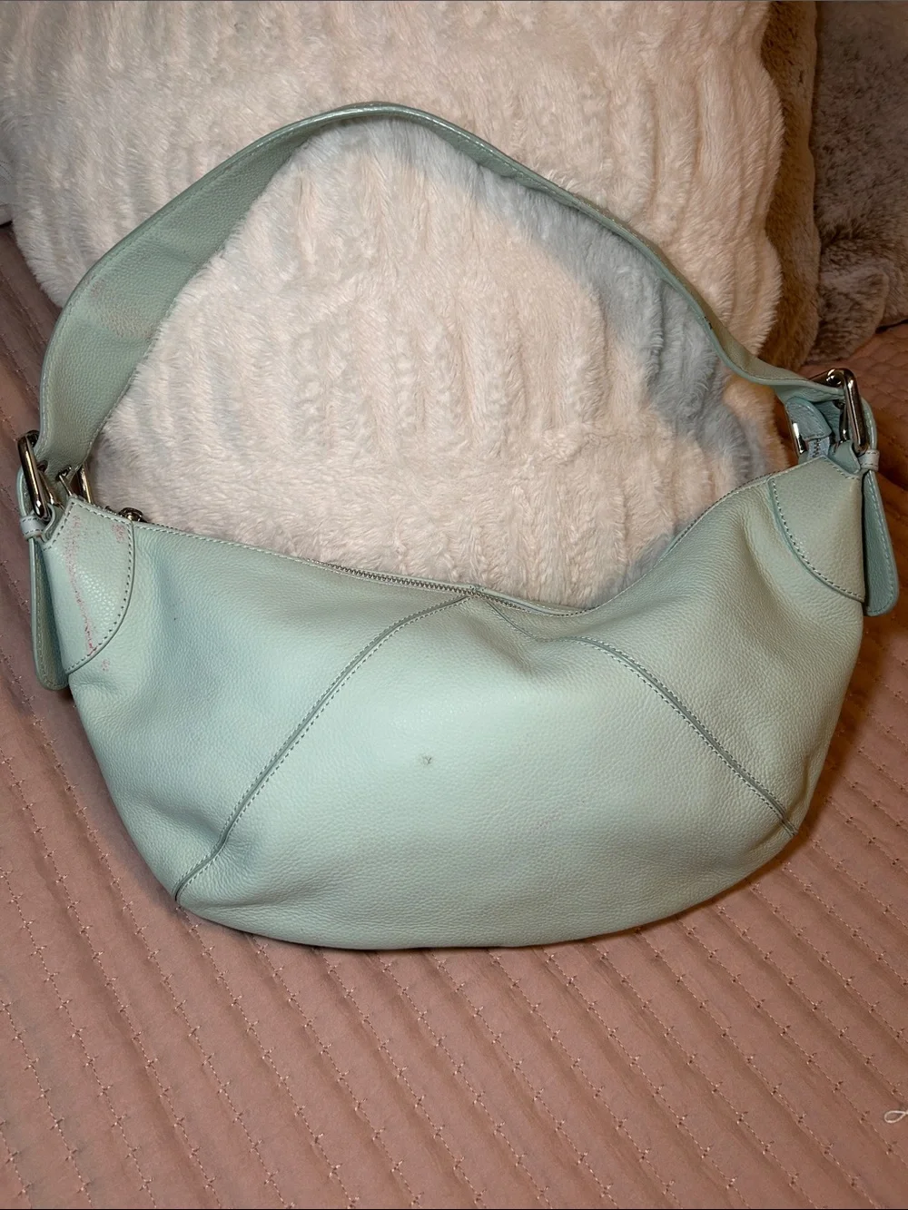 200. Furla Mint Green Pebbled Leather Hobo Bag with COA